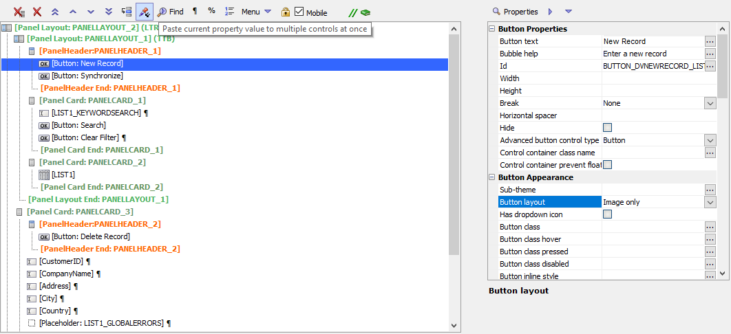 Selecting the Button layout for the New Record button so it
can be copied to multiple controls using the Set Multiple
Properties tool.